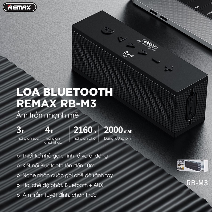 Loa Bluetooth Remax RBM3, Âm trầm tuyệt đỉnh, chân thực, Dung lượng pin cao 2000mah, Đa dạng kết nối - BH 12 tháng