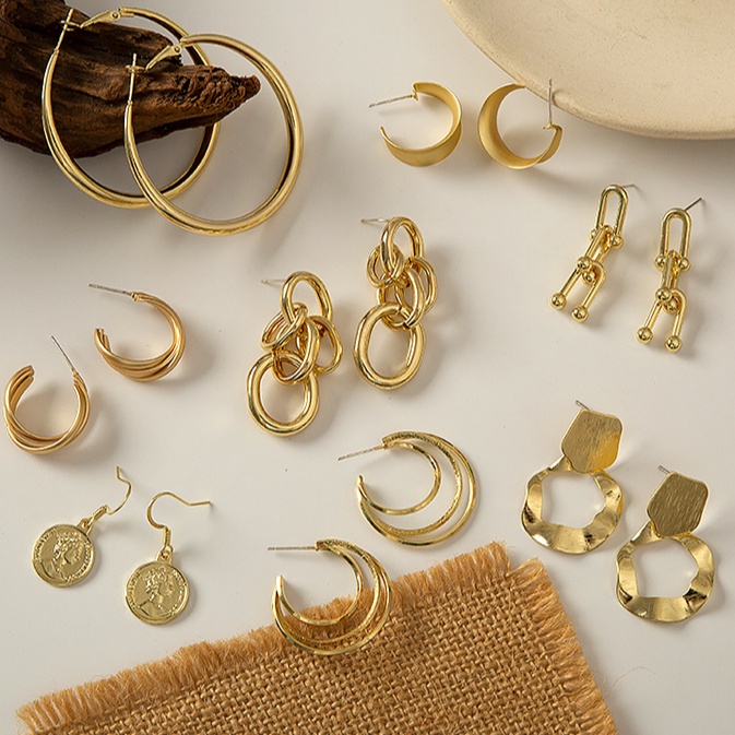 Set 3 Khuyên Tai Kim Loại Thanh Lịch