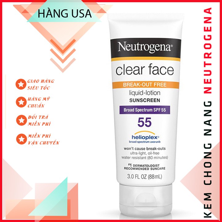Kem Chống Nắng Neutrogena Clear Face Break Out Free Lotion Sunscreen Broad Spectrum SPF55 (88ml) - Authentic USA