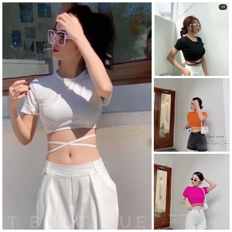 Áo croptop buộc bụng tay ngắn, cột dây eo tay ngắn