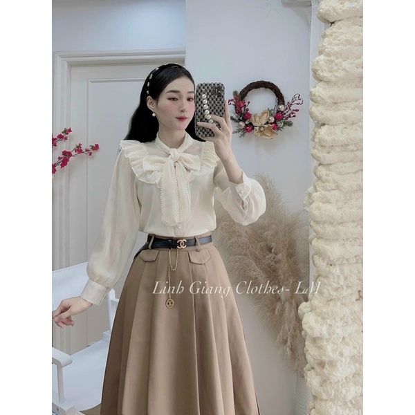 Áo sơ mi cổ nơ đính ngọc | BigBuy360 - bigbuy360.vn