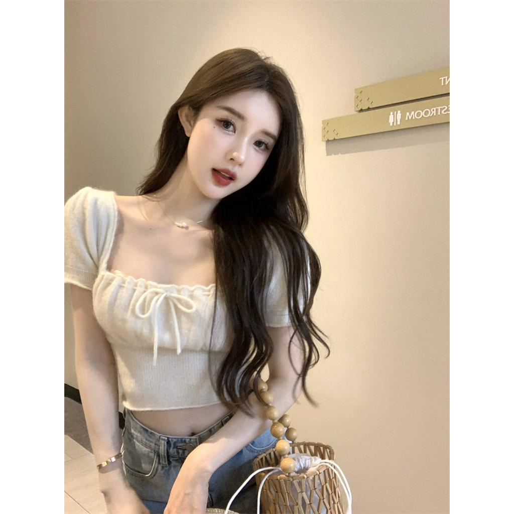 Áo Thun Tay Ngắn Dệt Kim Ôm Dáng Thiết Kế Dây Rút Xếp Ly 3 Màu Tùy Chọn Cho Nữ