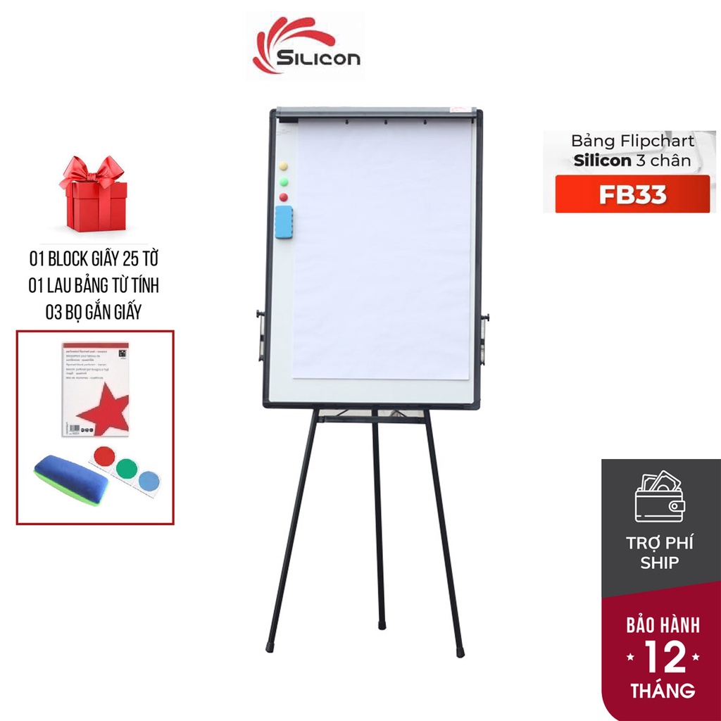 Bảng viết từ tính hội họp nhập khẩu Flipchart Silicon FB33,kích thước bảng 60x90-70x100cm,3 chân rút gọn- bảo hành 1 năm