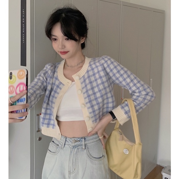 Xiaozhainv Áo Cardigan Dệt Kim Tay Dài Cổ Tròn Kẻ Sọc Caro Phong Cách Hàn Quốc Thời Trang Cho Nữ 4 Màu Tùy Chọn