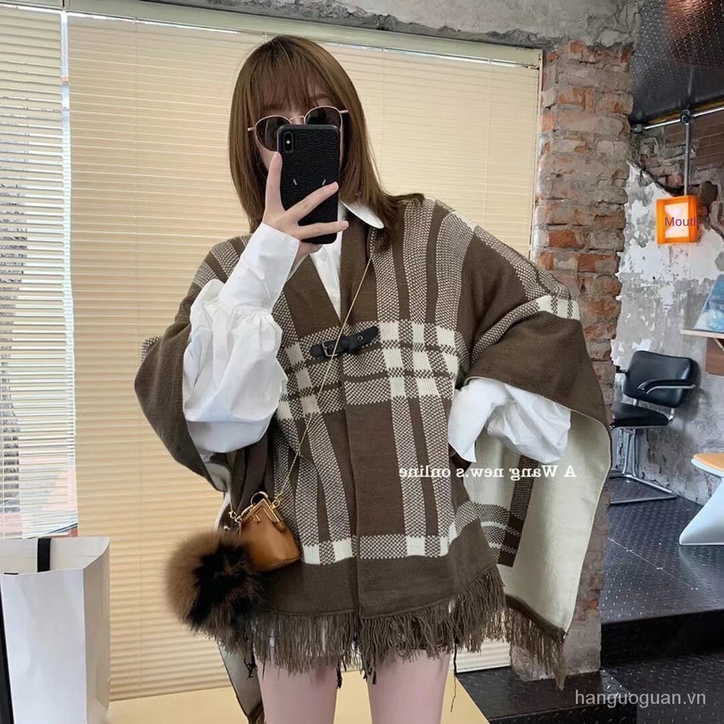 Áo choàng len hai mặt họa tiết kẻ sọc L5Fg cho nữ | BigBuy360 - bigbuy360.vn