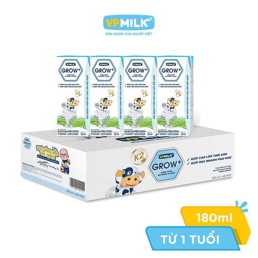 Thùng 48 hộp sữa Tiệt Trùng VPMilk Grow+ Ít Đường 180ml