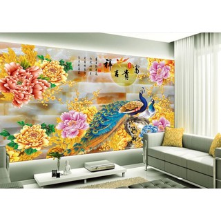 Tranh dán tường 3D chim công - VẢI LỤA  phủ kim sa (kích thước theo yêu cầu)