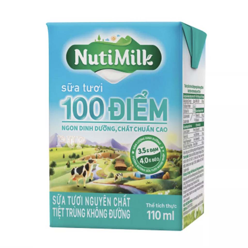 Sữa Tươi  Tiệt Trùng 100 Điểm Không Đường Nutimilk 110ml