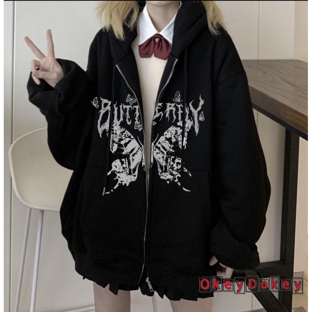 Áo Khoác Hoodie Có Khóa Kéo In Họa Tiết Bướm Phong Cách Gothic Punk Y2k Cho Nữ