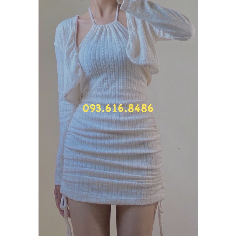 Đầm Body Cổ Yếm Rút Dây Bo Eo Kèm Áo Khoác Croptop, Dành Cho Đi Chơi, Dự Tiệc, Vải Len Cao Cấp S2291