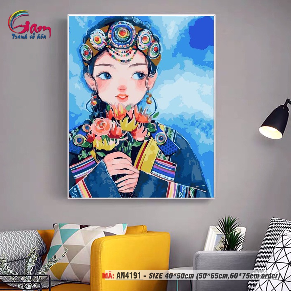 Tranh số hoá tự tô màu Gam cô gái dân tộc căng khung 40x50cm AN4191