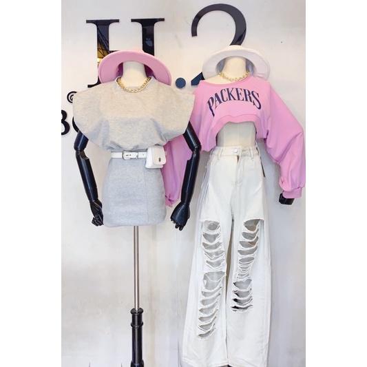 ÁO NỈ TÍM CROPTOP + QUẦN JEAN SUÔNG RÁCH + VÁY PULL 3 LỖ ÔM BODY