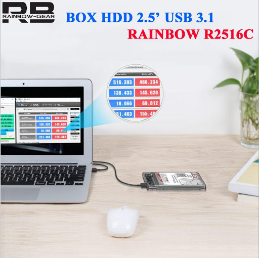 Hộp để ổ cứng di động Box HDD/SSD trong suốt RAINBOW R2516C SATA 2.5 inch USB 3.1 hỗ trợ lên đến 4TB (Type C) | WebRaoVat - webraovat.net.vn