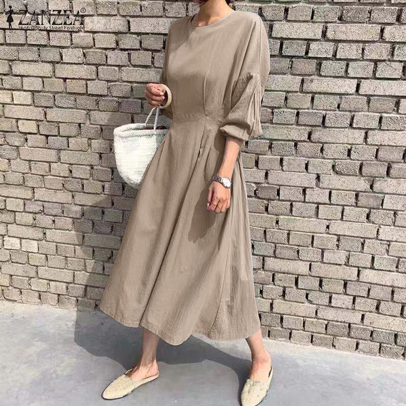 Đầm dài ZANZEA tay dài 3/4 thắt dây eo co giãn thời trang tùy chọn màu sắc dành cho nữ