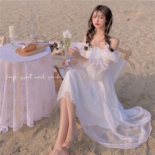 Đầm Nữ Trắng Công Chúa Tiểu Thư Tay Voan Ngão Clothing, Váy Nữ Trễ Vai, Maxi Sang Chảnh Đi Biển