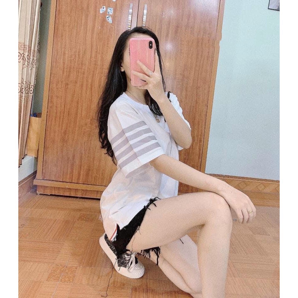 Áo thun tay lỡ unisex Thom 4 sọc tay MOSSSHOP - Áo phông nam nữ phong cách hàn quốc ulzzang form rộng 65kg
