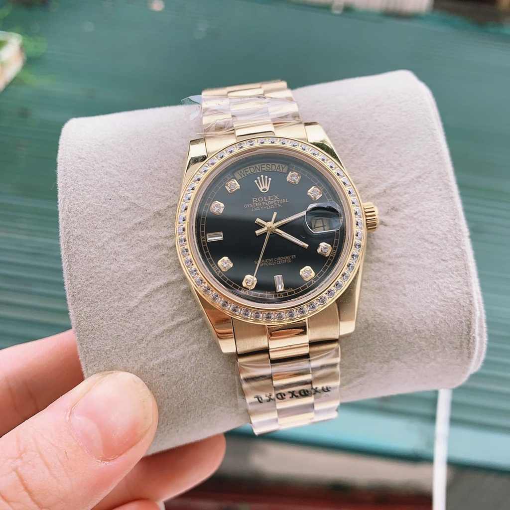 Đồng hồ Nam Rolex day date máy nhật vành đá măt đen dây vàng 3 đốt dòng cơ Automatic mặt size 38mm -41mm