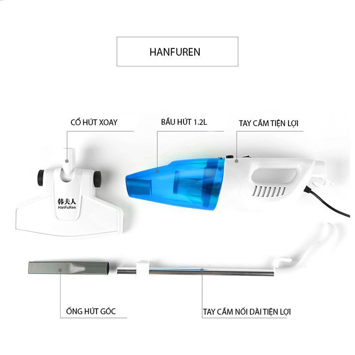 Máy hút bụi cầm tay Cao Cấp 650W Hanfuren có nhiều đầu hút làm sạch mọi ngóc ngách sàn nhà và thảm