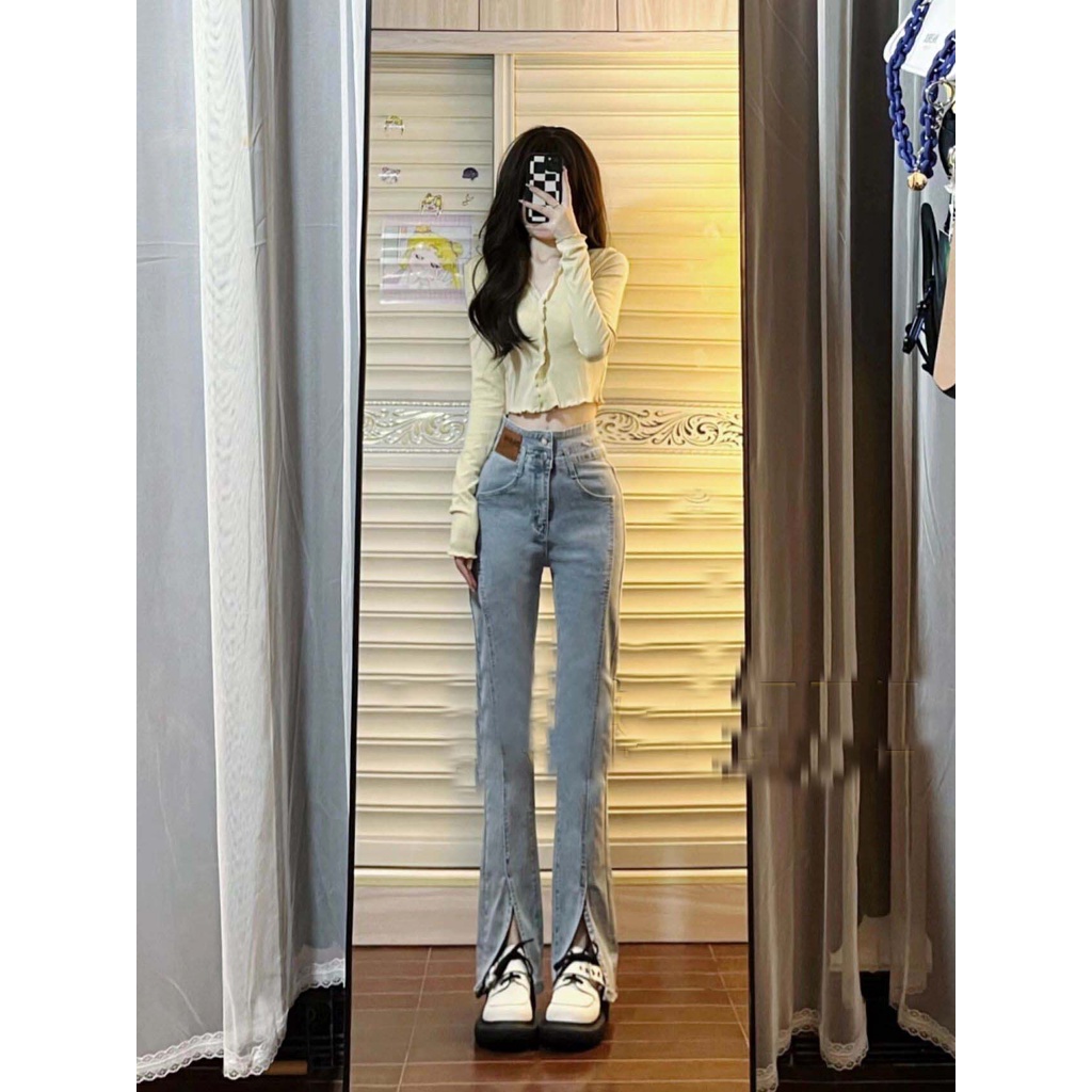 Porozi Quần jean  lưng cao ống rộng thời trang Hàn Quốc cá tính dành cho nữ