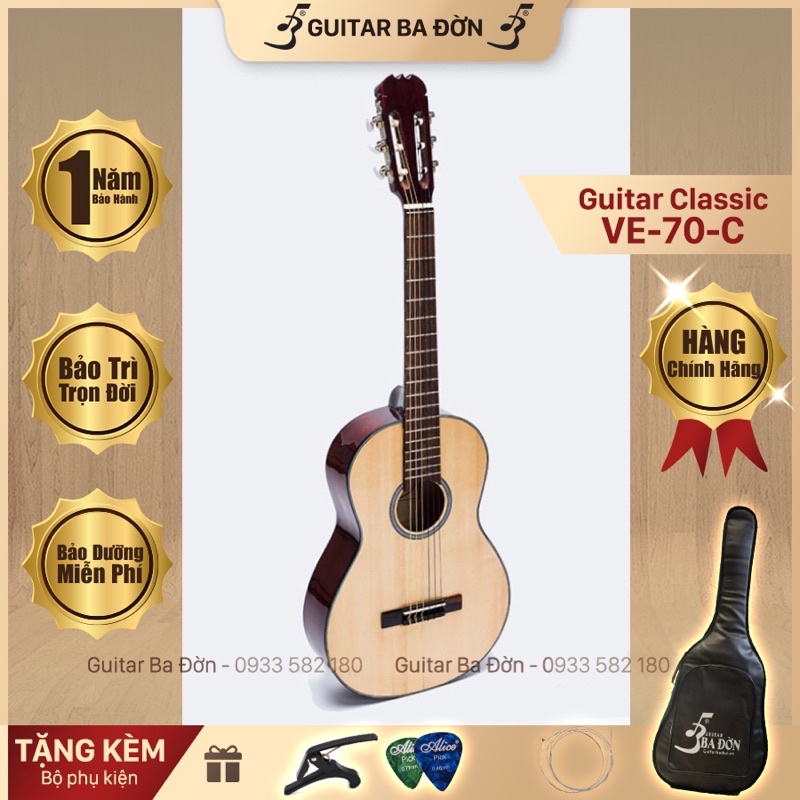 Guitar Classic VE70c tập chơi mặt thông cao cấp - Tặng Kèm Bao Đàn, Capo, Pick