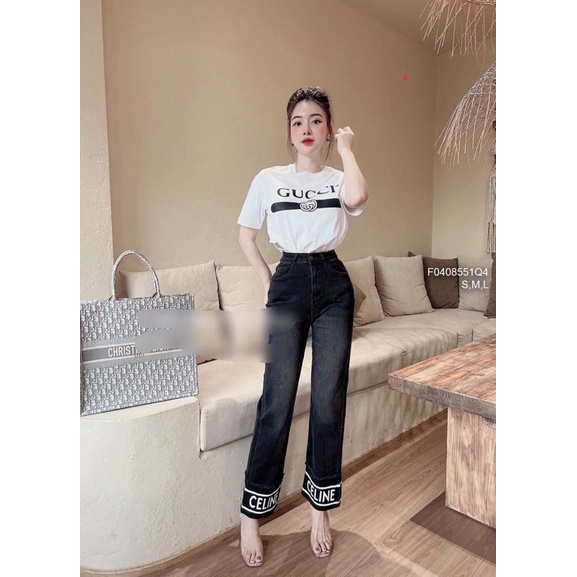 Quần jean dài lai lật cao đính tem và thêu Chữ các kiểu TT0408