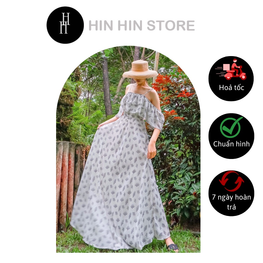 Đầm maxi voan hoa hai dây bẹt vai viền bèo màu trắng HDC28 Hỉn Hỉn Store