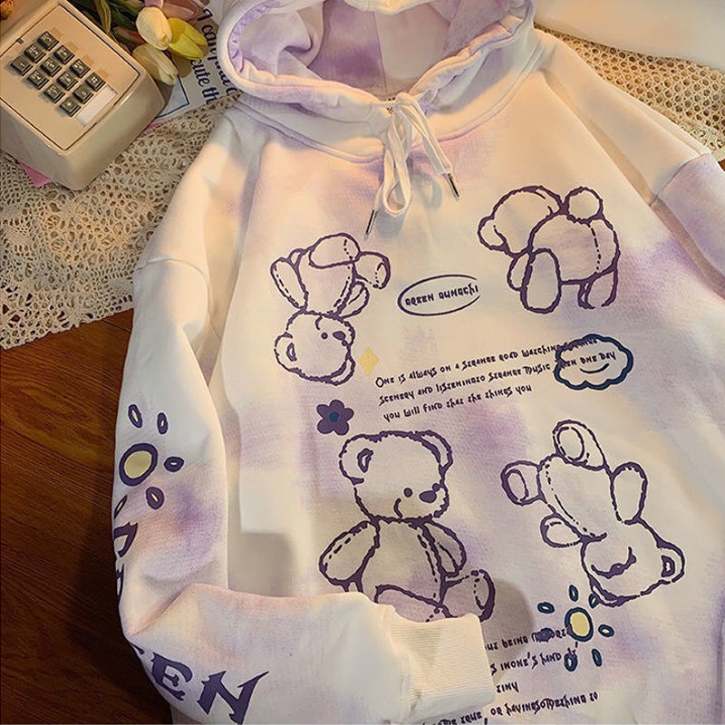 Áo Hoodie Dày Dặn Nhuộm Màu Hồng Hình Gấu Dễ Thương Phong Cách Nhật Bản Cho Nữ