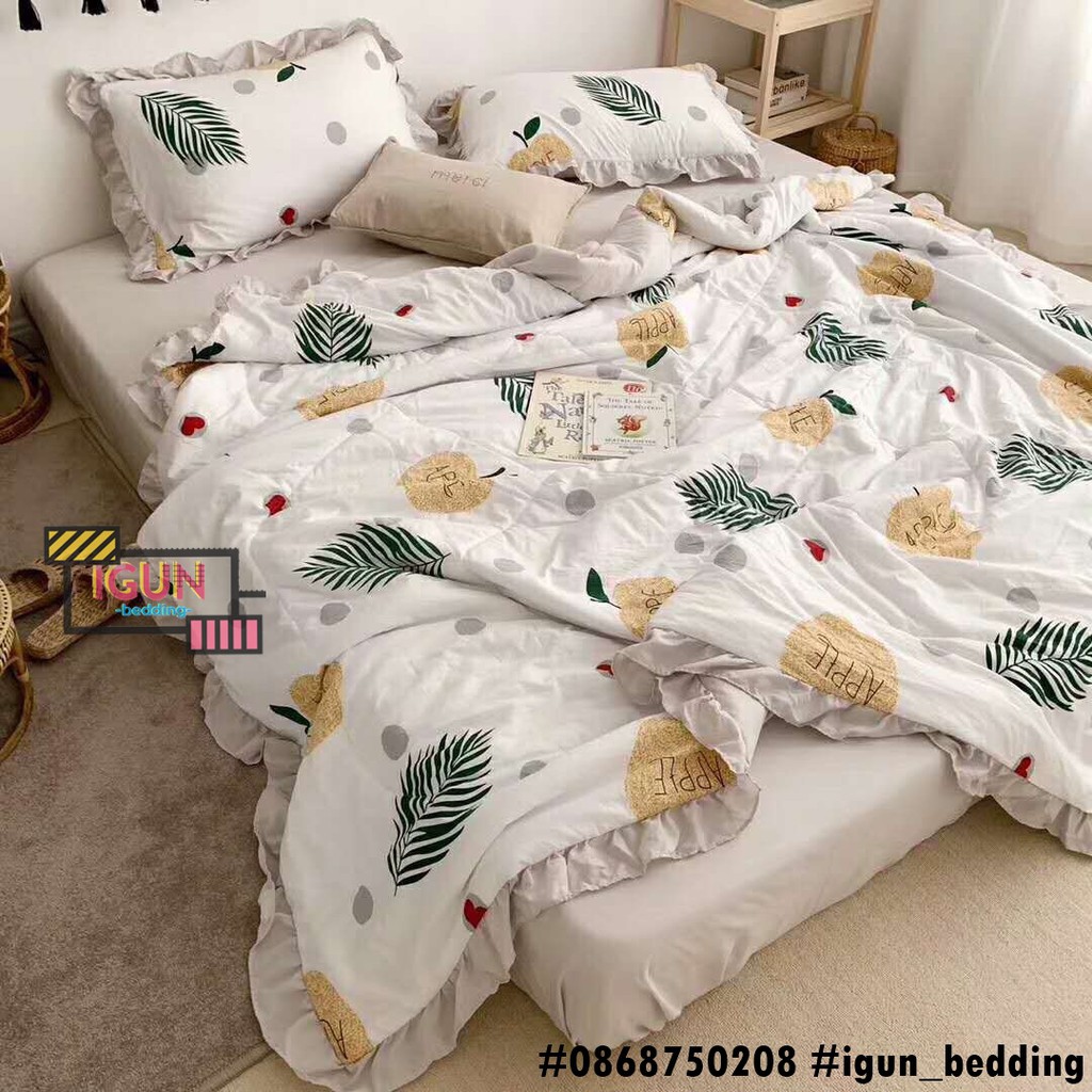 Bộ CHĂN GA GỐI Đũi Trần bông set QUẢ TÁO VÀNG LẤP LÁNH 4 món Nhập Khẩu