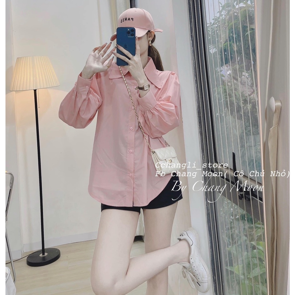 Sơ mi cổ nhọn tay phồng chất thô mềm Freesize dưới 60kg màu hồng