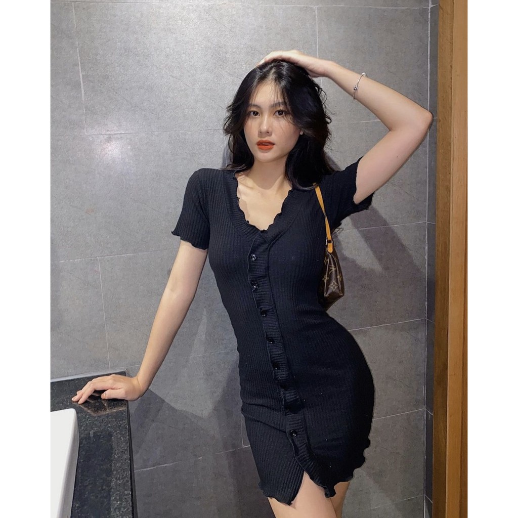 Đầm body bèo nút tay ngắn ôm body I HHVINTAGE