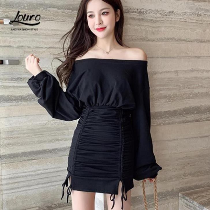 Váy đầm len tăm body rút dây💟FREESHIP💟mẫu váy đầm body dài tay lệch vai dây rút tôn dáng cực xinh-L027  ྇  ྇