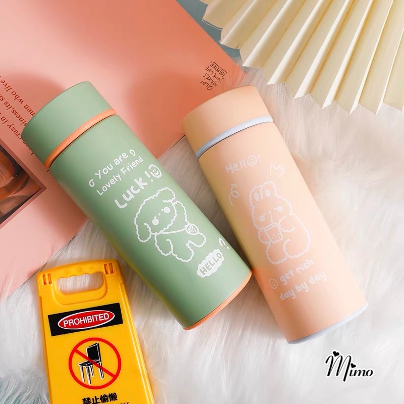 Bình giữ nhiệt cute họa tiết hoạt hình gấu, thỏ, bình inox an toàn chắc chắn dung tích 450ml màu sắc năng động trẻ trung