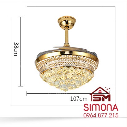 Quạt trần đèn, quạt trần đèn dấu cánh trang trí phòng khách Pha lê HAPOVA ZENKA 8041 + Tặng kèm khiển