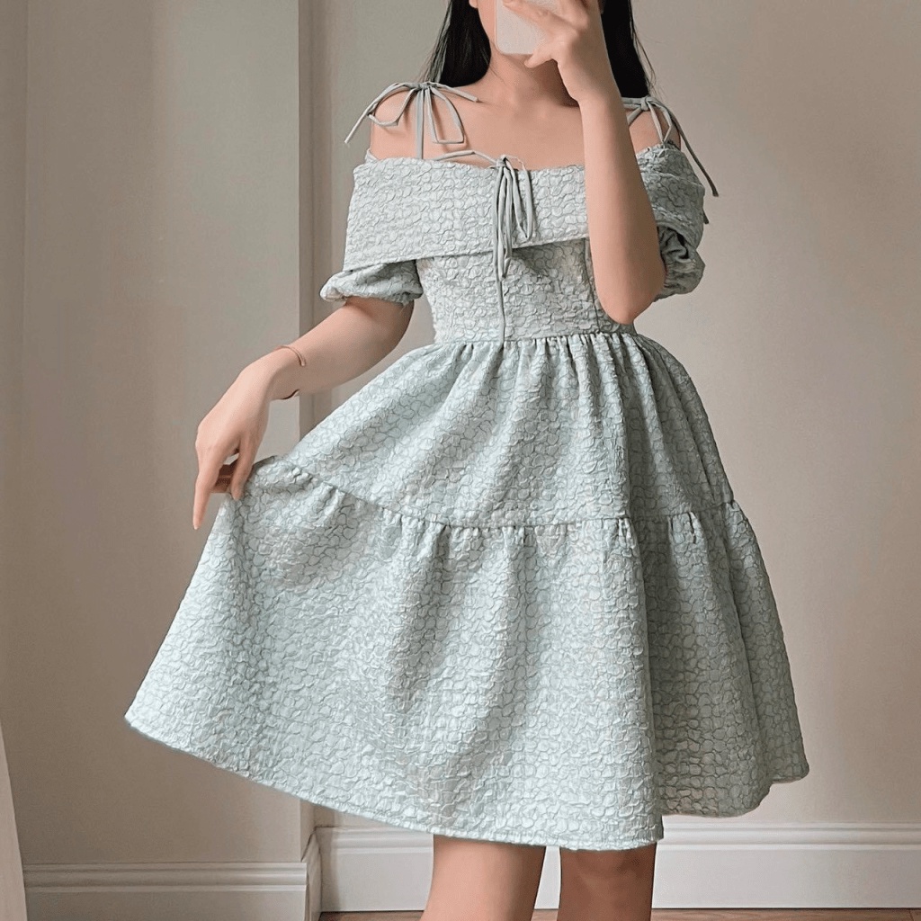 (MẪU MỚI) MẪU HOT ĐẦM XÒE NỮ BẸT VAI HÀNG THIẾT KẾ KIỂU CÔNG CHÚA CỰC HOT PU HHP FASHION