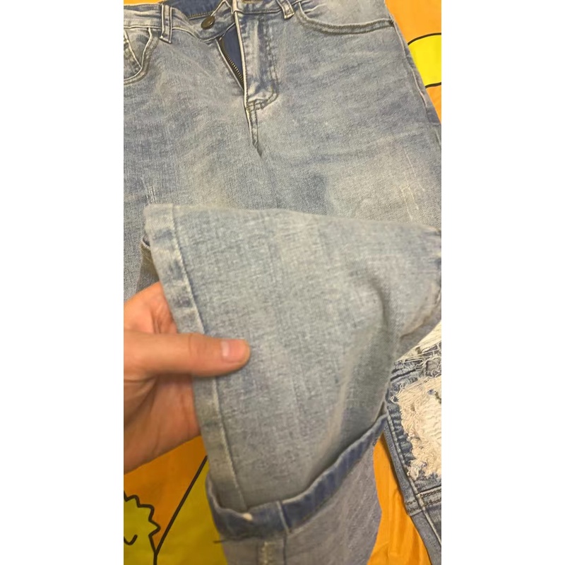 Quần jean hàng cao cấp unisex form slim fit giả rách gối phong cách đường phố