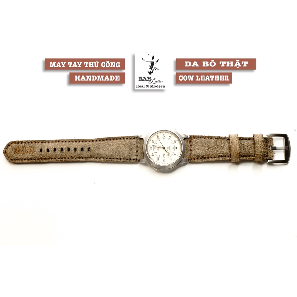 Dây đồng hồ nam nữ da bò lộn vàng cát sa mạc RAM Leather classic 1969 handmade cực đẹp - tặng khóa chốt và cây thay dây