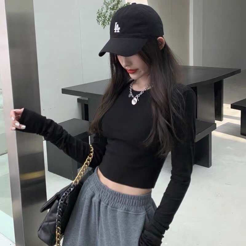 Áo Croptop Tay Dài Cổ Tròn Dáng Ôm Body Trơn Nhẹ Nhàng