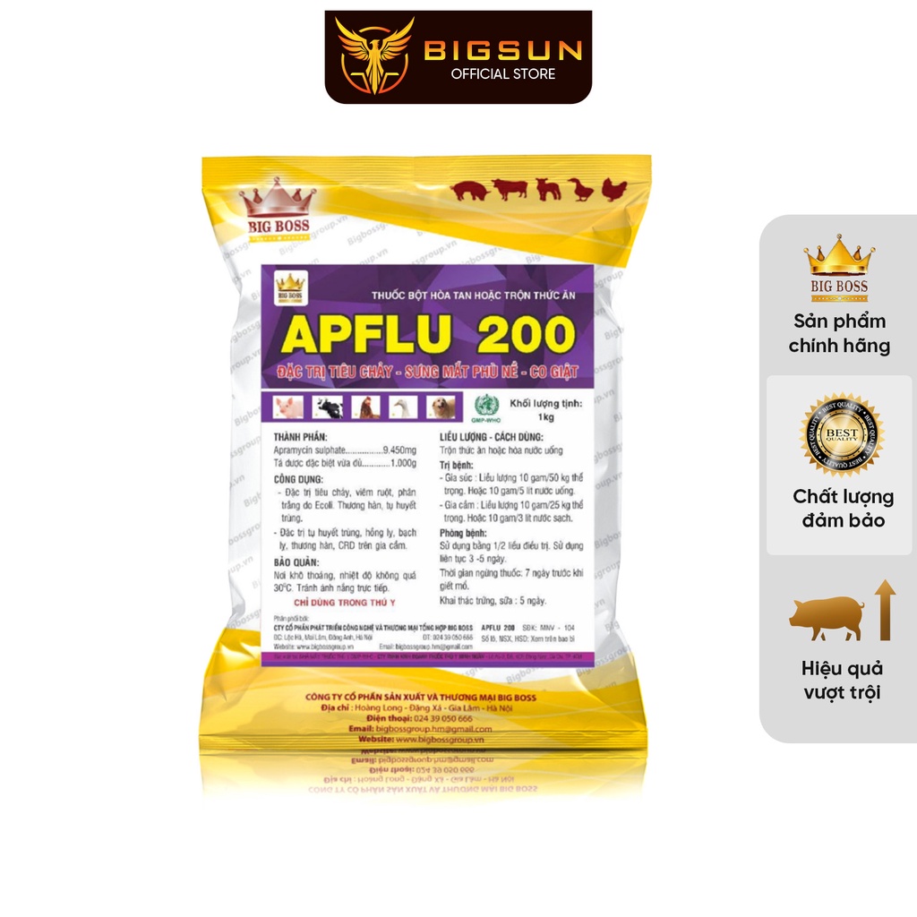 Thuốc thú y APFLU 200 đặc trị huyết trùng, tiêu chảy, viêm ruột, phân trắng, thương hàn cho gia súc, gia cầm gói 1kg
