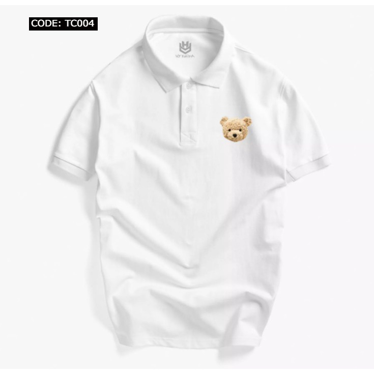 Áo Thun Có Cổ Nam Nữ Vải Cá Sấu 4 Chiều, Áo Thun Cổ Trụ In Hình Đầu Gấu Bông Phong Cách Hàn Quốc TC004