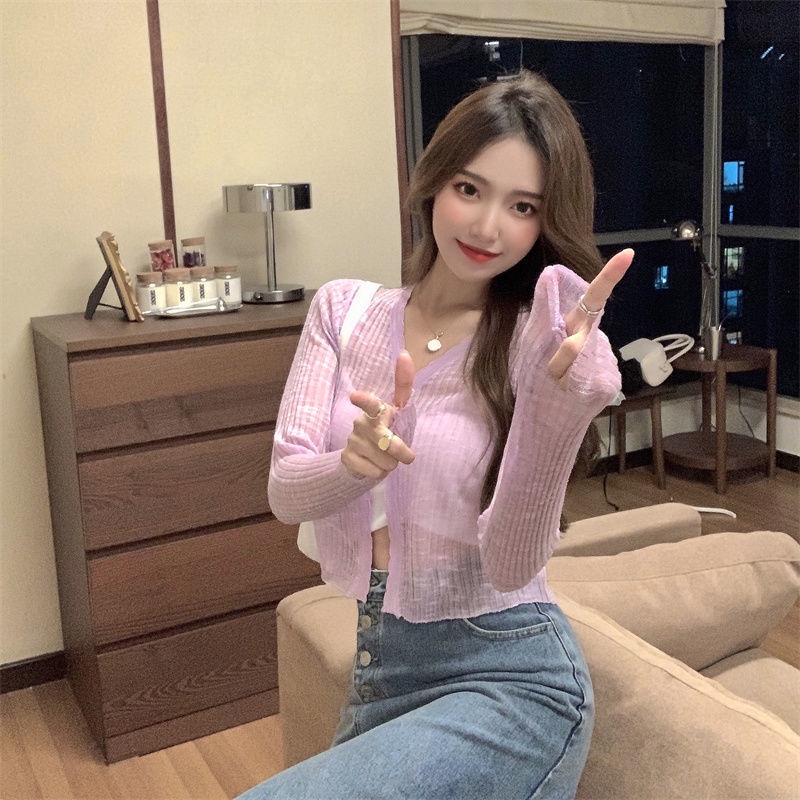 Áo Cardigan Dệt Kim Mỏng Tay Dài Cổ Chữ V Phong Cách Hàn Quốc