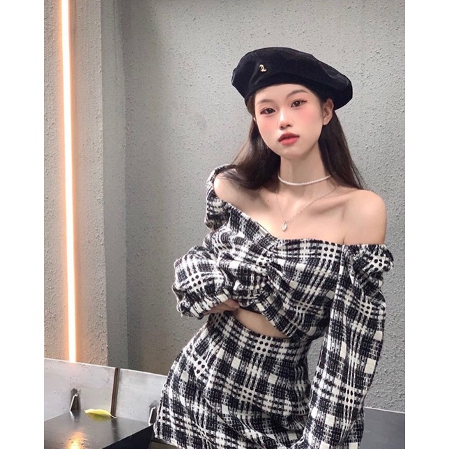 Set áo crop caro xoắn ngực tay dài + chân váy form A ulzzang quảng châu | BigBuy360 - bigbuy360.vn