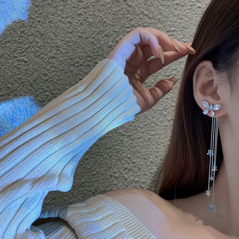 Đôi Khuyên Tai Mạ Bạc S925 Hình Bướm Tua Rua Dễ Thương Cho Nữ