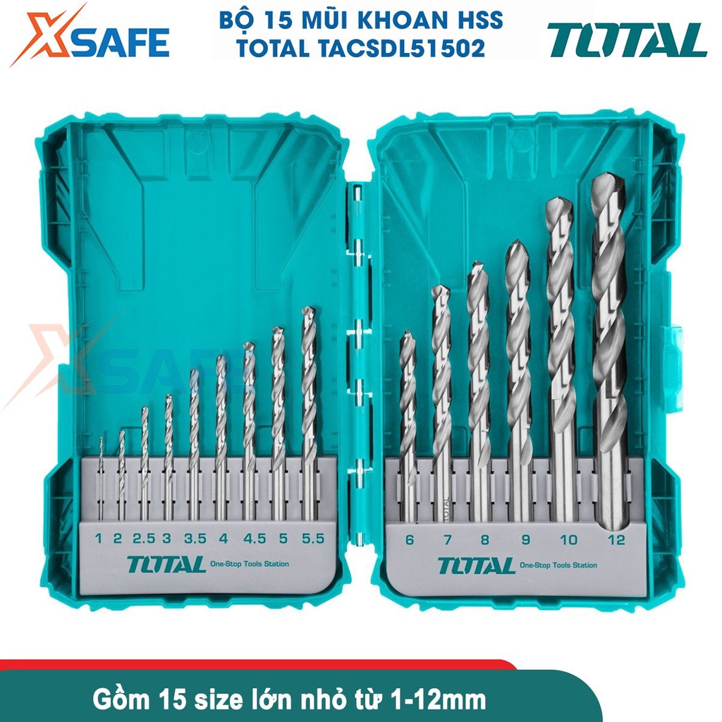 Bộ 15 mũi khoan đa năng TOTAL TACSDL51502 chất liệu HSS cứng cáp, đa kích thước từ 1-12mm, dùng khoan gỗ, kim loại