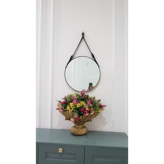 Gương tròn d50 treo tường dây da simili cao cấp - đường kính 50cm