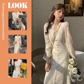 order💓Đầm kiểu ren sóng tay lỡ thiết kế dự tiệc cổ V cúc ngọc cao cấp/ Váy ren tiểu thư công chúa dáng maxi dài thu đông