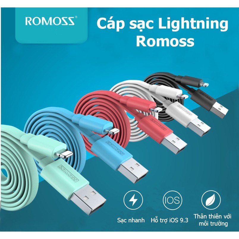 Cáp sạc lightning iPhone/iPad Romoss 1M  (Xanh dương) - Hãng phân phối chính thức