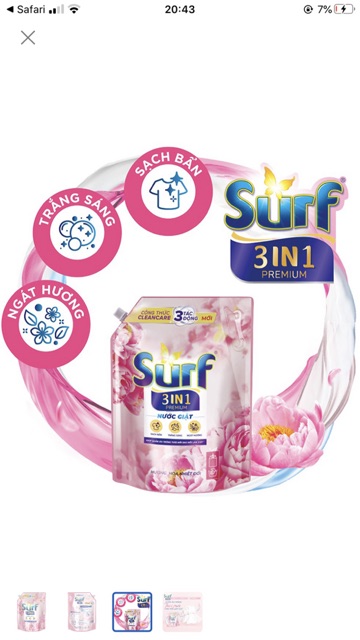 Shock NƯỚC GIẶT SURF 3,5kg 3in1 hương hoa nhiệt đới giá bìa 162k
