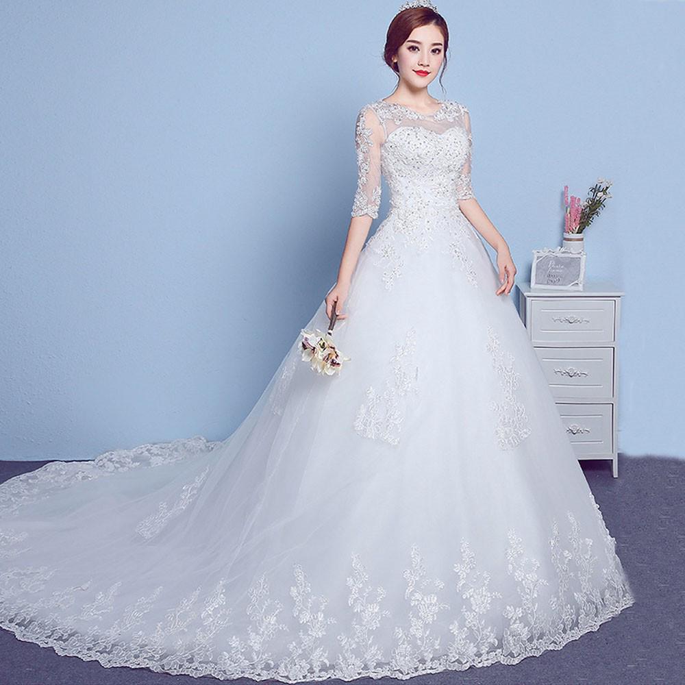 Váy cưới tay lỡ phối ren xinh xắn cho nữ