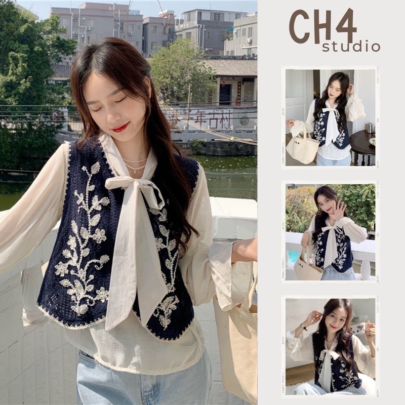 Áo khoác gile, áo vét thêu dệt kim kèm áo sơ mi trắng thắt nơ phong cách Hàn Quốc
