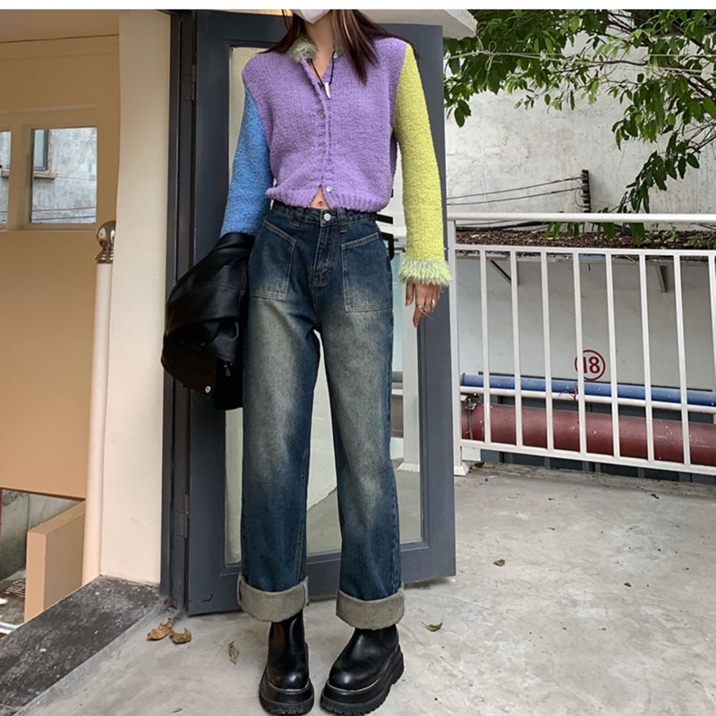 Quần Jeans Nữ Cạp Cao Màu Xanh Vintage Phong Cách Thời Trang Hàn Quốc 2022 Siêu Thời Thượng